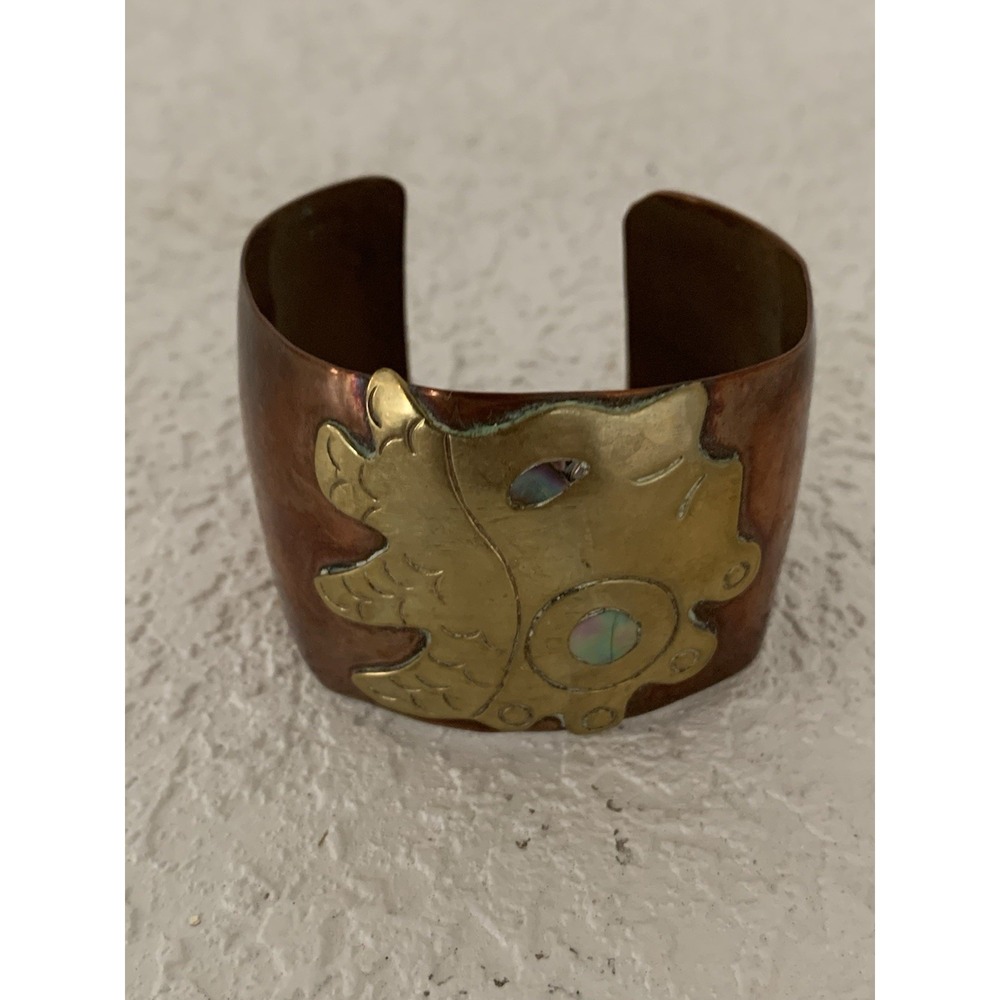 Vintage Mexican Mixed Metals Copper Brass + Abalone Cuff Bracelet